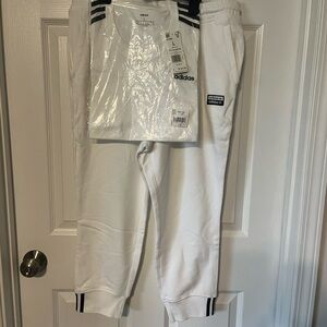 Two piece set Adidas White Jogger Sweatpants with Elastic Cuffs And matching Tee
